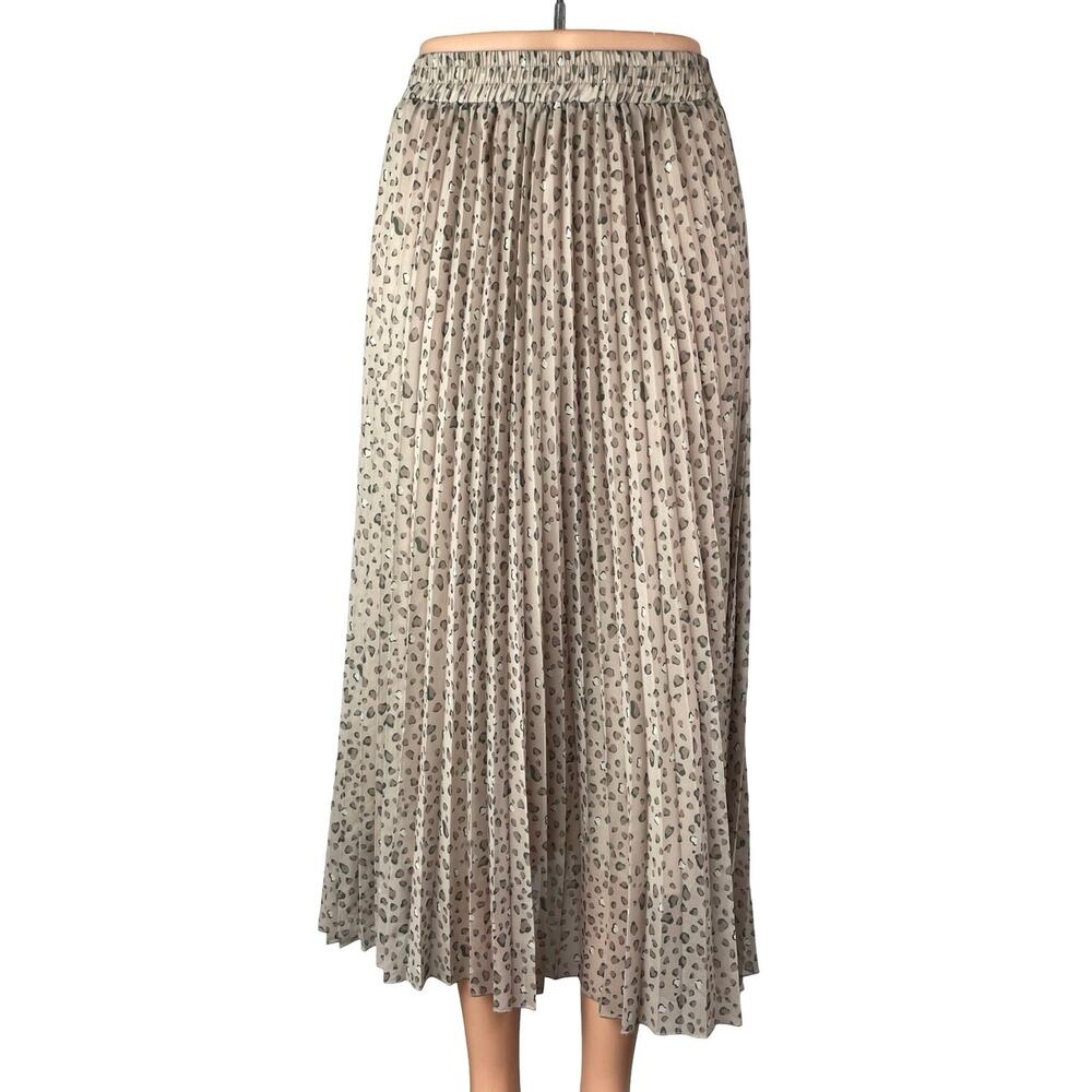 Exlura Beige Leopard Animal Print Pleated High Waist A Line Midi Skirt Size S